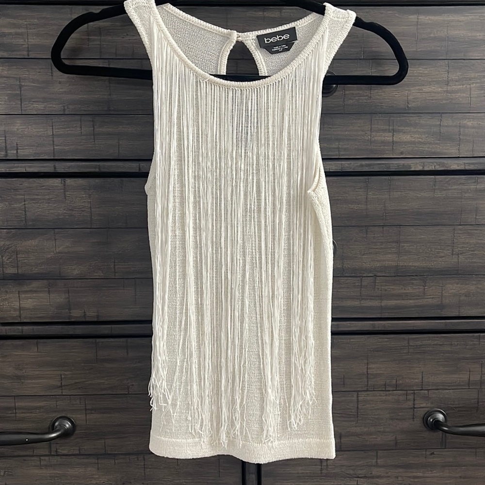 Bebe fringe white top size small